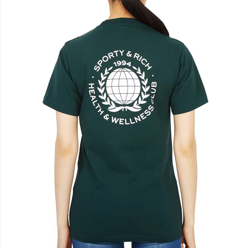 Health Wellness Club - เสื้อยืดคลับสุขภาพและความงาม พิมพ์ลายตัวอักษร สีเขียวเข้ม ทรงหลวม ผ้าฝ้าย แขนสั้น